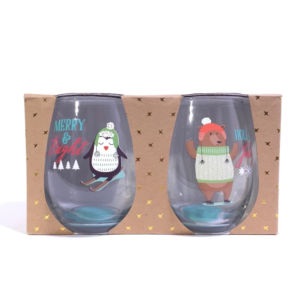 Merry & Bright Macy’s Stemless 22 oz Christmas Penguin + Bear Wine Glasses Set